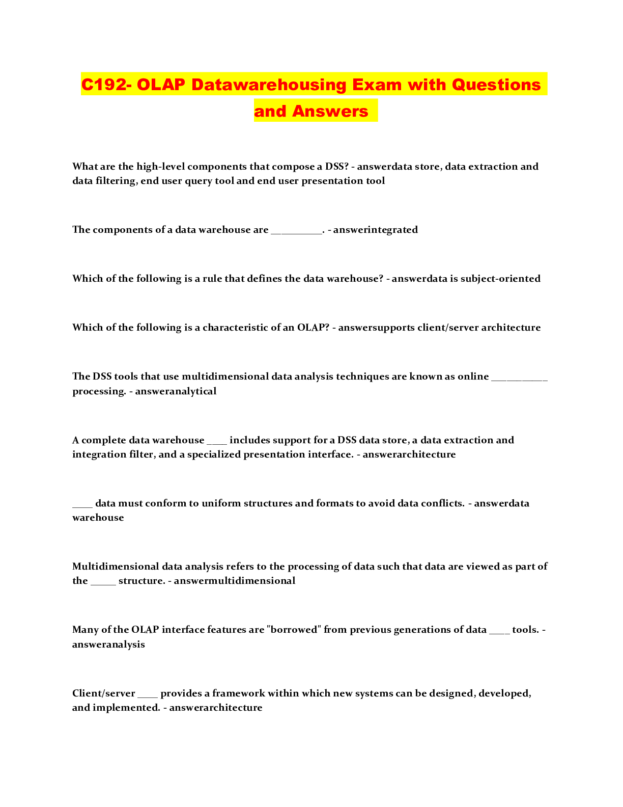 Preview of C192- OLAP Datawarehousing Exam with Questions and Answers